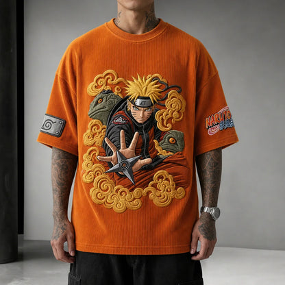 Unisex Oversized Anime-Print Vertical-Stripe Short-Sleeve T-Shirt