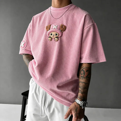 Unisex Anime-Style Retro Corduroy Oversized T-Shirt
