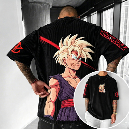 Anime-Inspired Vintage Waffle Knit T-Shirt