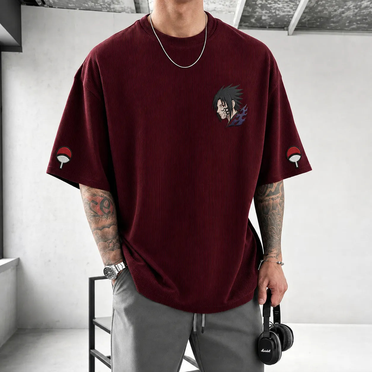 Unisex Oversized Anime-Print Vertical-Stripe Short-Sleeve T-Shirt