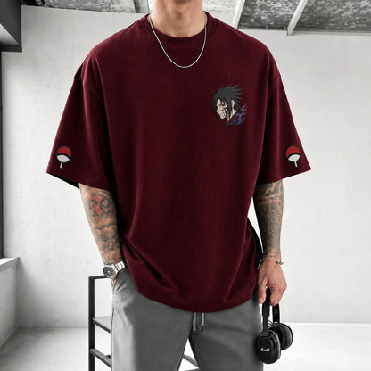 Unisex Oversized Anime-Print Vertical-Stripe Short-Sleeve T-Shirt