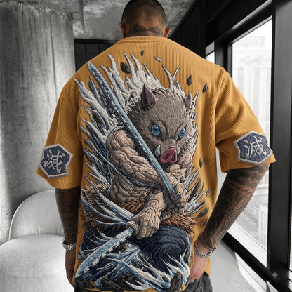 Unisex Anime-Style Retro Corduroy Oversized T-Shirt