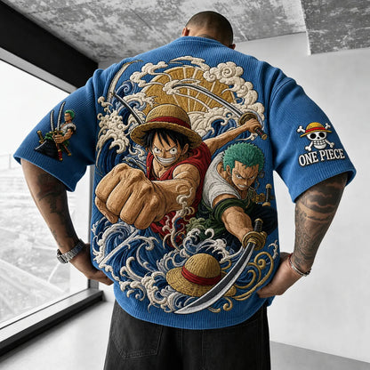 Premium Cotton-Blend Ribbed Knit T-Shirt with Anime Character Embroidery – Oversized Crewneck Streetwear Top
