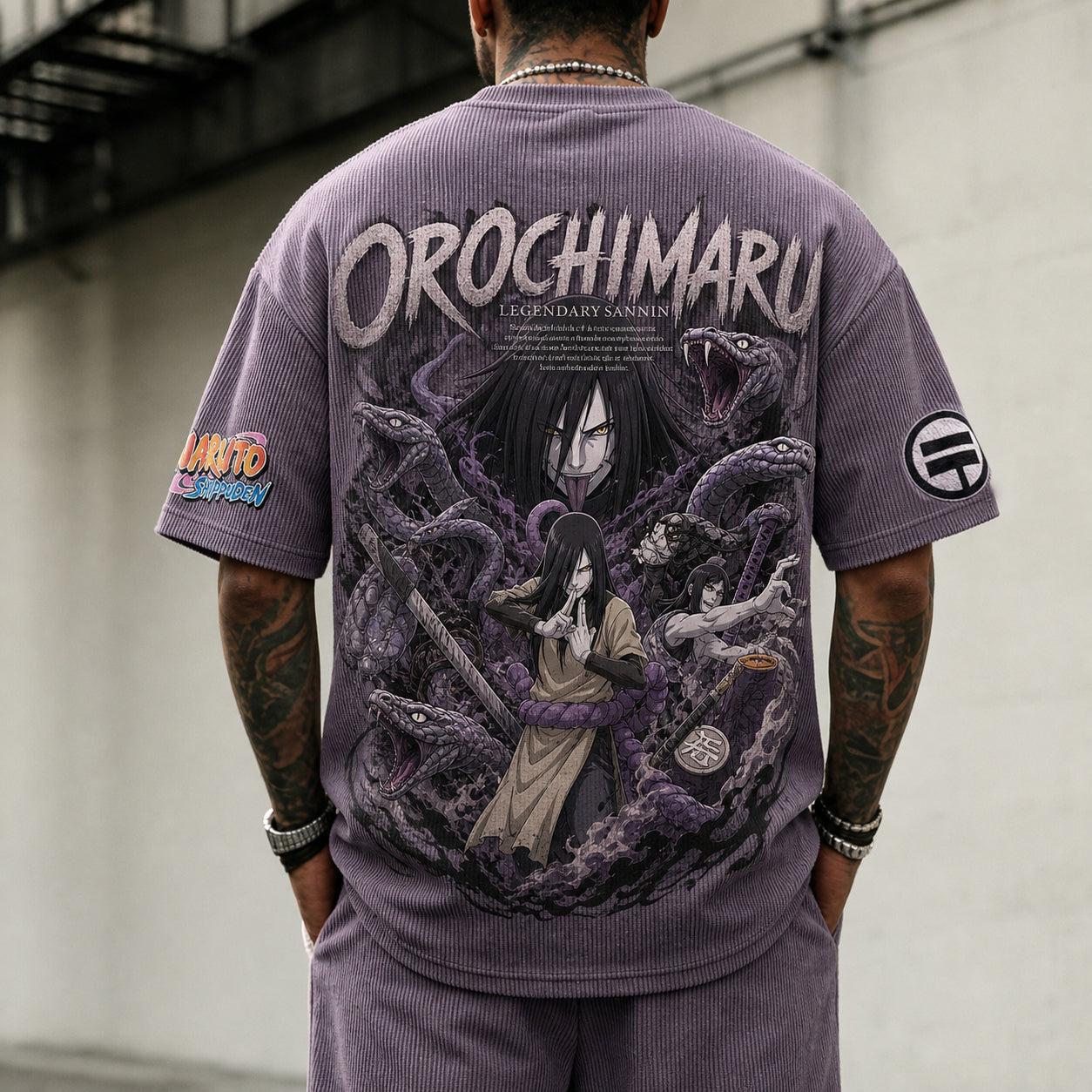 Unisex Oversized Anime-Print Vertical-Stripe Short-Sleeve T-Shirt