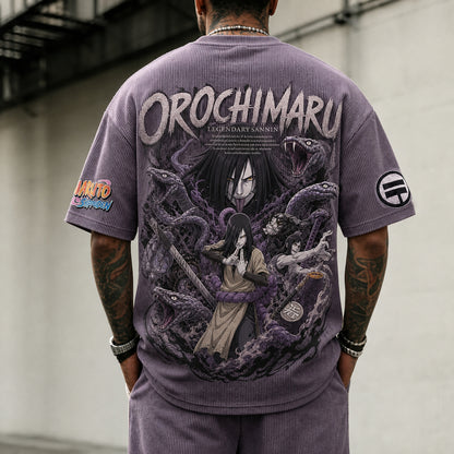 Unisex Oversized Anime-Print Vertical-Stripe Short-Sleeve T-Shirt