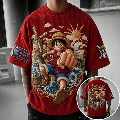 Unisex Short-Sleeve Corduroy T-Shirt With Anime Print