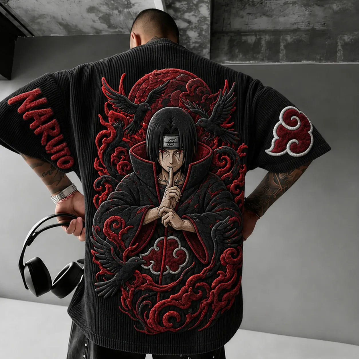 Unisex Anime-Style Retro Corduroy Oversized T-Shirt