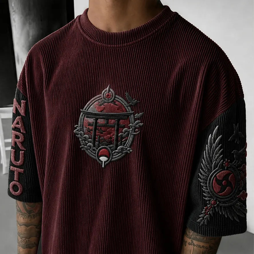 Unisex Oversized Anime-Print Vertical-Stripe Short-Sleeve T-Shirt
