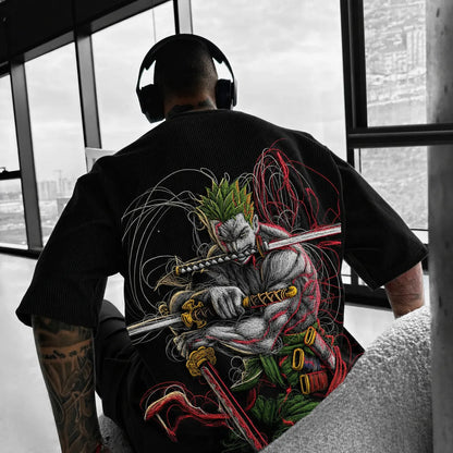 Unisex Anime-Style Retro Corduroy Oversized T-Shirt