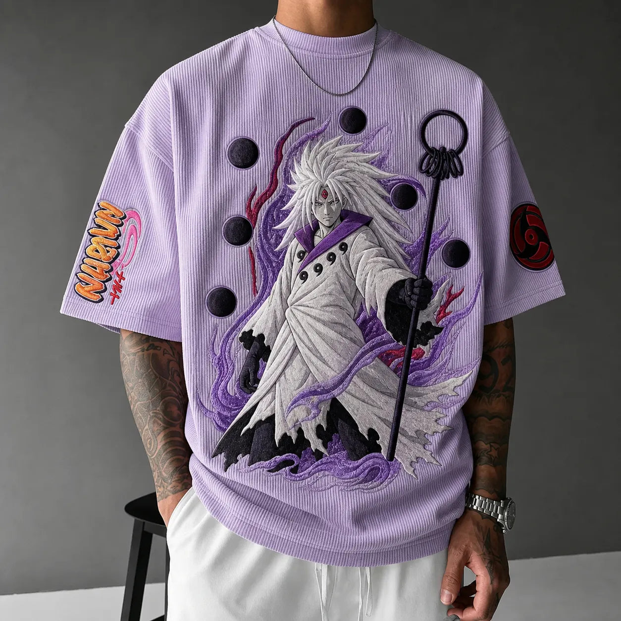 Unisex Oversized Anime-Print Vertical-Stripe Short-Sleeve T-Shirt
