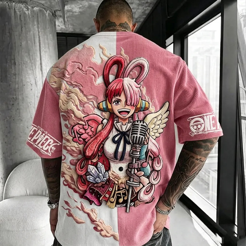 Unisex Anime-Style Retro Corduroy Oversized T-Shirt