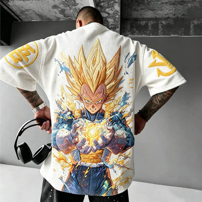Anime-Inspired Vintage Waffle Knit T-Shirt