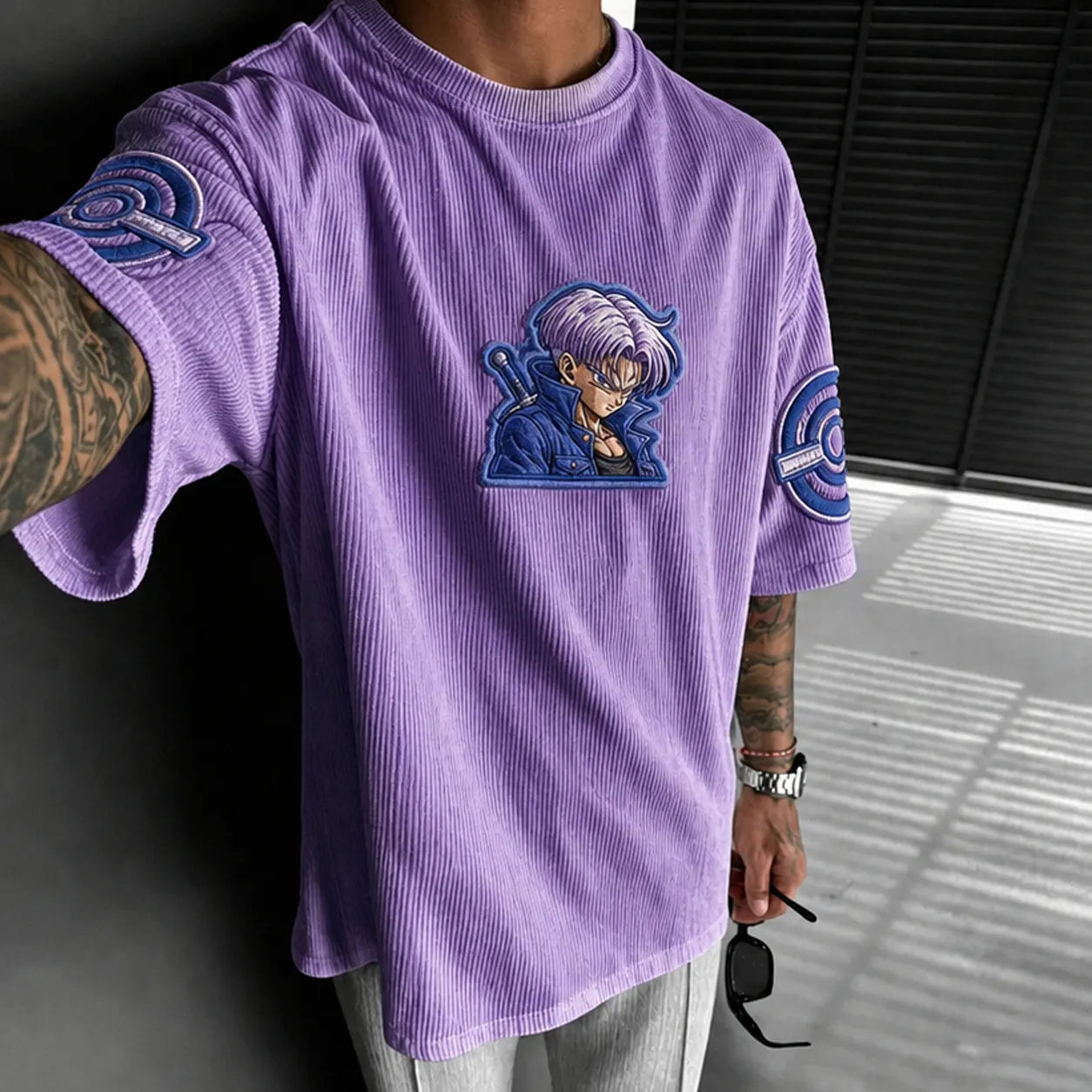 Unisex Anime-Style Retro Corduroy Oversized T-Shirt