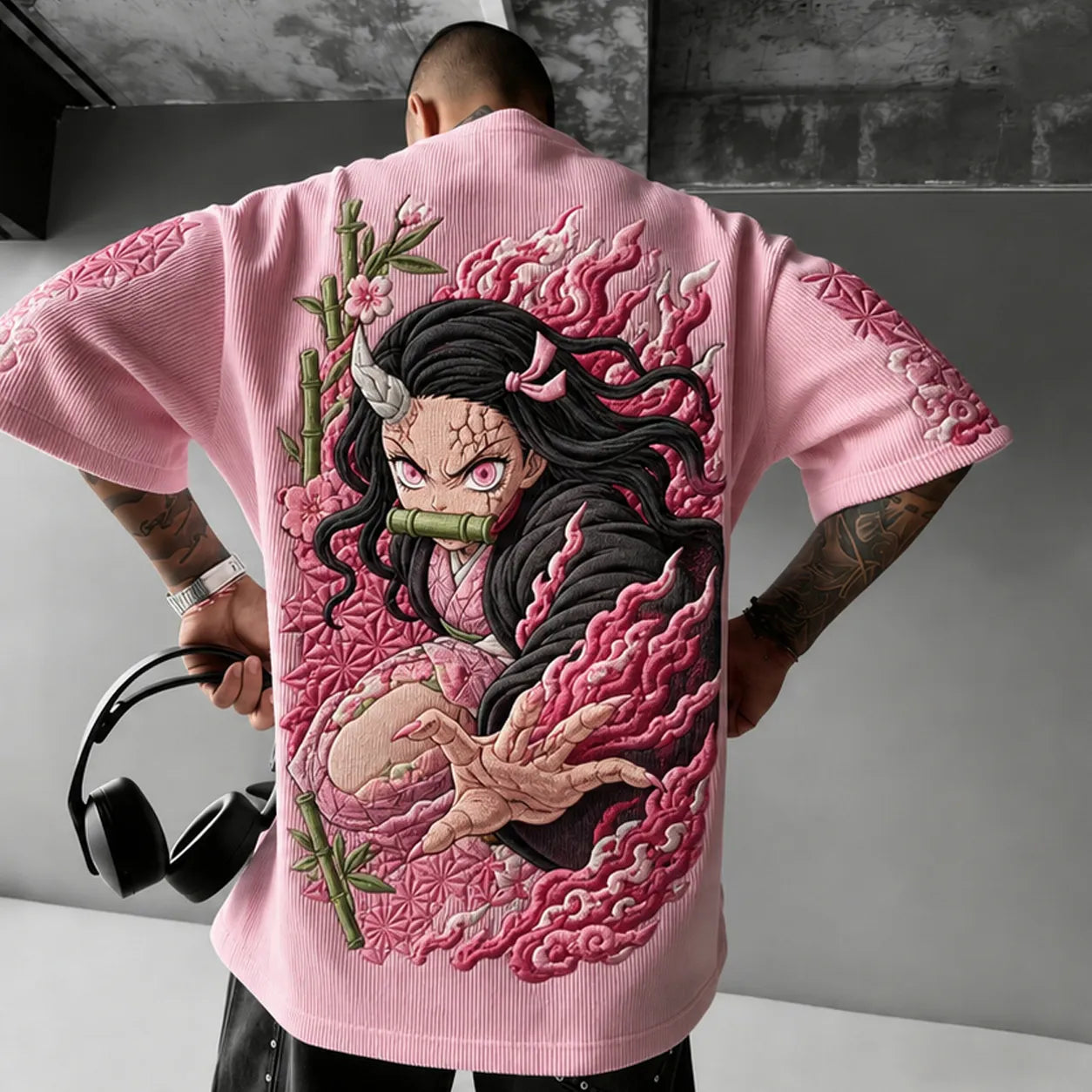 Unisex Anime-Style Retro Corduroy Oversized T-Shirt