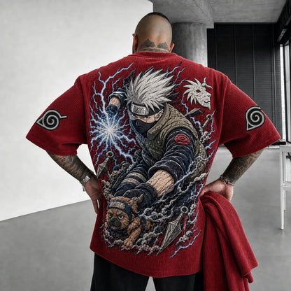 Unisex Oversized Anime-Print Vertical-Stripe Short-Sleeve T-Shirt