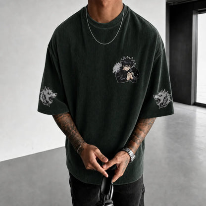 Unisex Anime Print Short-Sleeve Corduroy T-Shirt