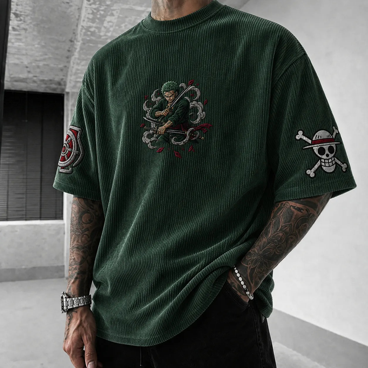 Unisex Anime-Style Retro Corduroy Oversized T-Shirt