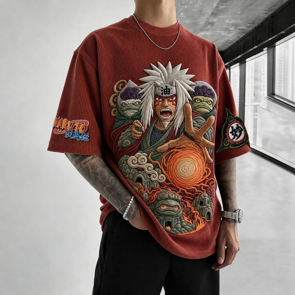 Unisex Oversized Anime-Print Vertical-Stripe Short-Sleeve T-Shirt
