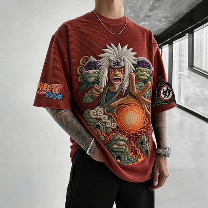 Unisex Oversized Anime-Print Vertical-Stripe Short-Sleeve T-Shirt